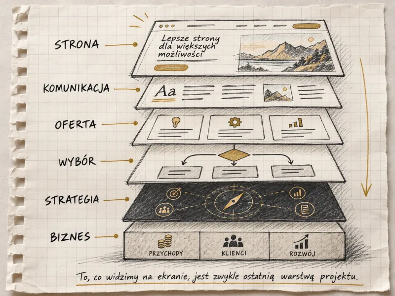 Schemat warstw projektu strony www: strona, komunikacja, oferta, wybór, strategia i biznes (przychody, klienci, rozwój). To, co widzimy na ekranie, jest zwykle ostatnią warstwą projektu.